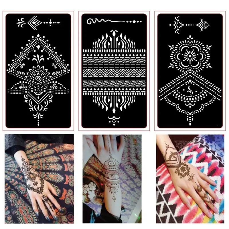6 шт. Henna тату трафарет для блеска татуировки Временные черный Менди индийский шаблон татуировки трафареты для краски комплект Хны - изображение