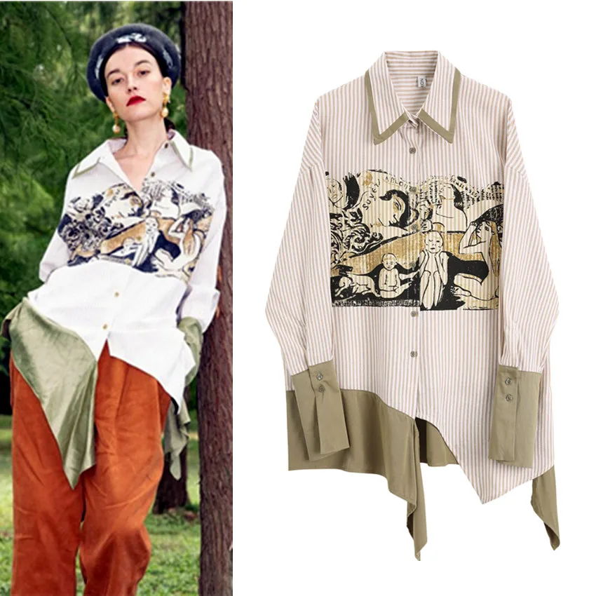 

New Women Designer Spring Long Shirts Spring Stripped Vintage Retro Oil Paint Print Patchwork Ladies Street Party Blouses NS658