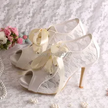 Wedopus Elegant Weddingl Shoes Ivory Lace High Heeled Ankle Bridal Boots Lace-up Peep Toe