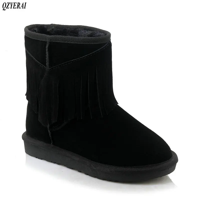 

QZYERAI sheepskin leather suede winter snow boots for women real sheep fur wool lined winter shoes high quality gray black 34-43