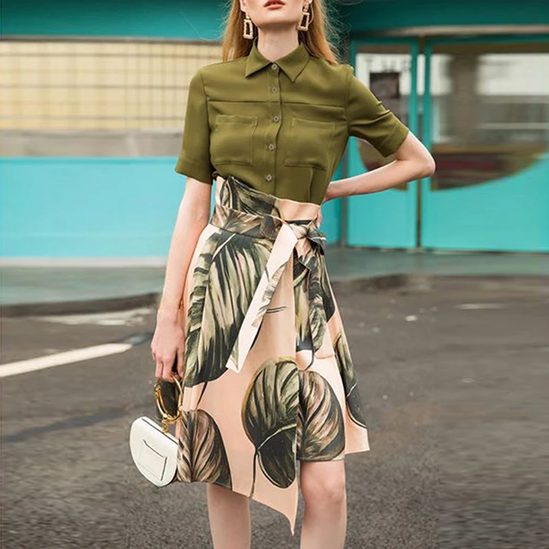 

Top Fashion Elegant High Street Skirt Suits Army Green Shirt Asymmetrical Skirt Print Two-pieces Women Sets