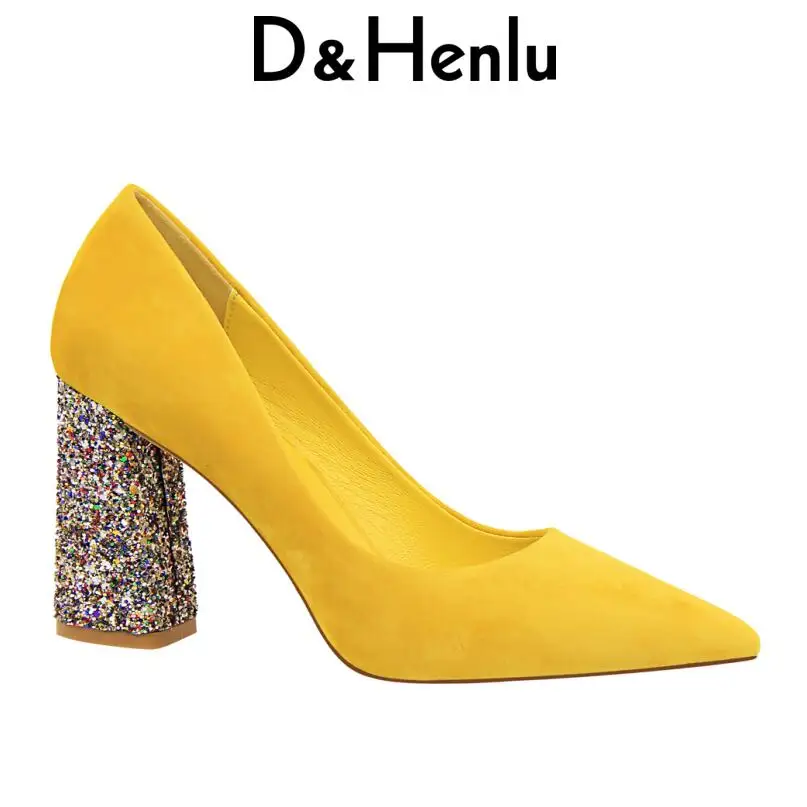 

{D&Henlu} 2019 Bling Women Heels Bling Heel Women High Heels Shoes Ladies Pointed Toe Thick Heel Shoes chaussure femme talon