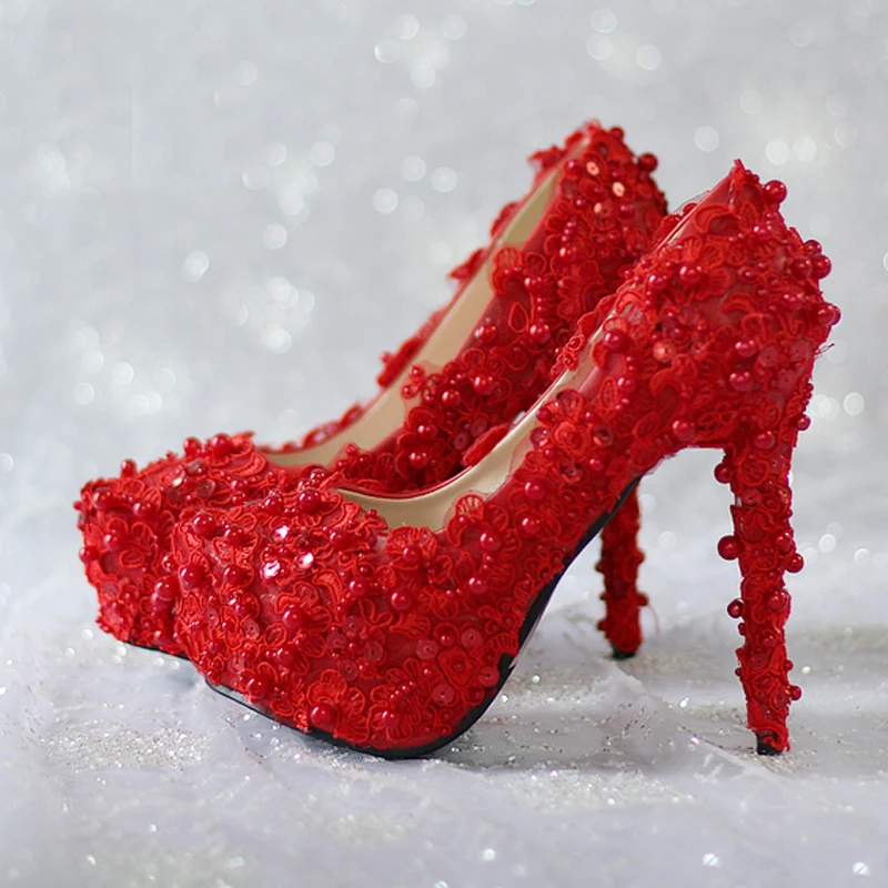 Bling Bling Red Glitter Wedding Shoes Evening Prom Party Shoes Lace Flower Women Shoes 14cm High Heels Elegant Bridesmaid Shoes
