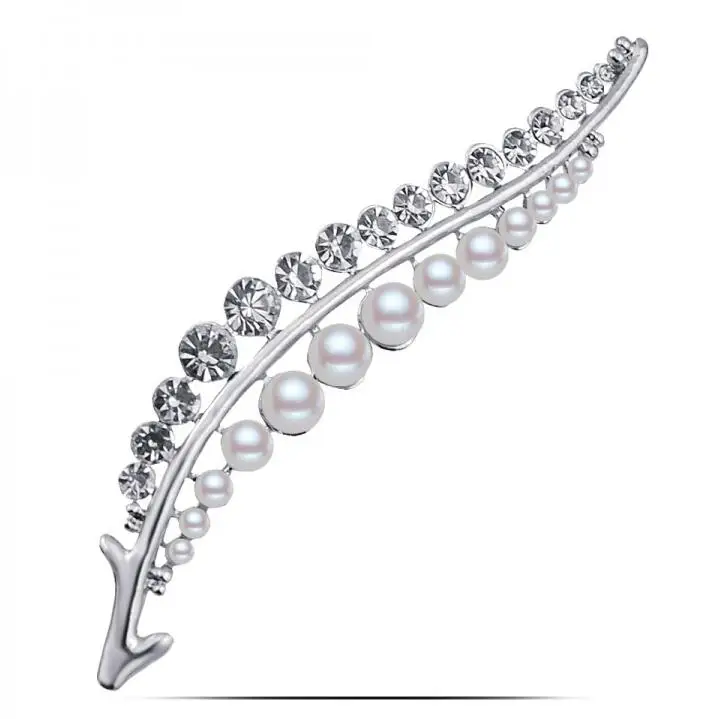 

MissCyCy BK 2016 New Fashion Simulated-Pearl Jewelry Luxurious Silver Color Pin Rhinestone Begonia Leaves Brooches For Women J4