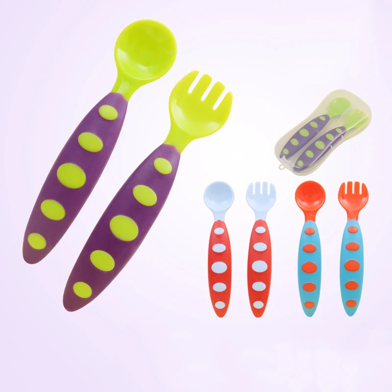 Mambobaby Baby Spoon Fork Sets Anti Skid Handle Learning Tableware Kids