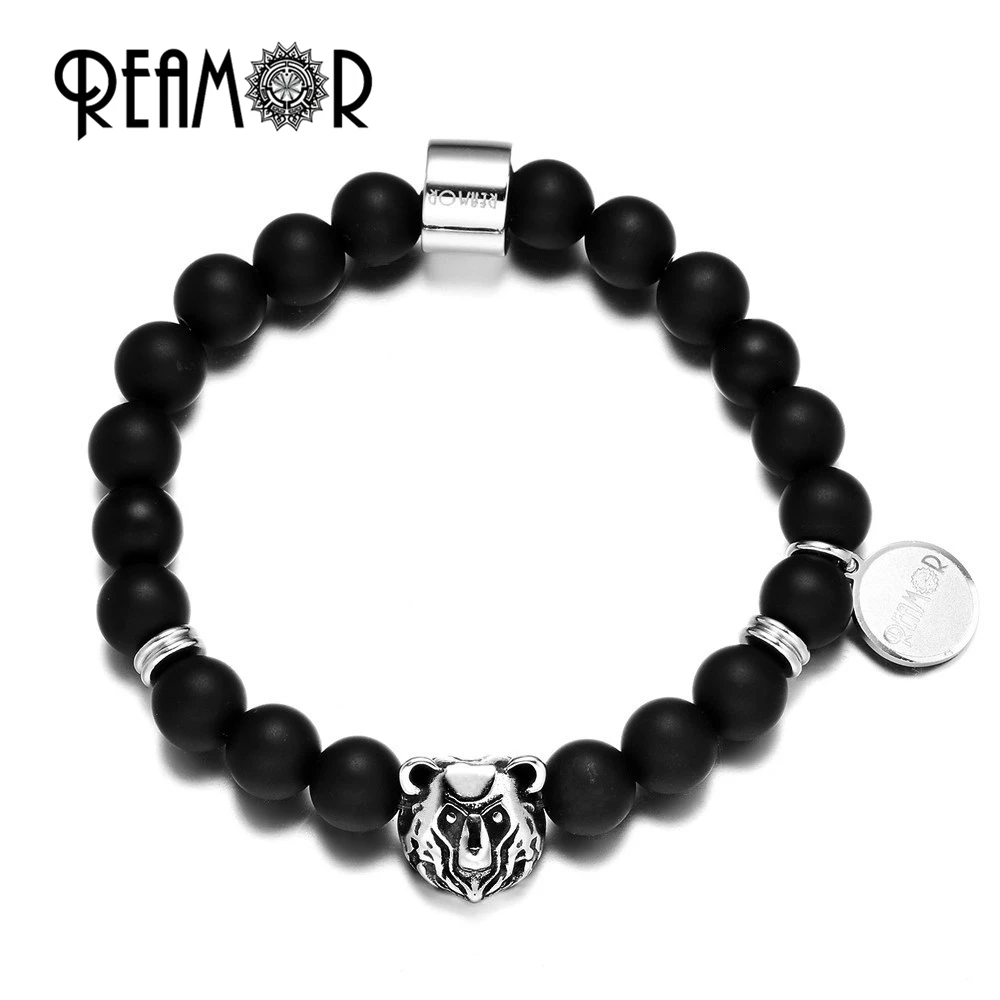 

REAMOR Black Matte Onyx Natural Stone Beads with Stainless Steel Bear Head Beaded Strench Bracelets & Bangles For Men Jewelry