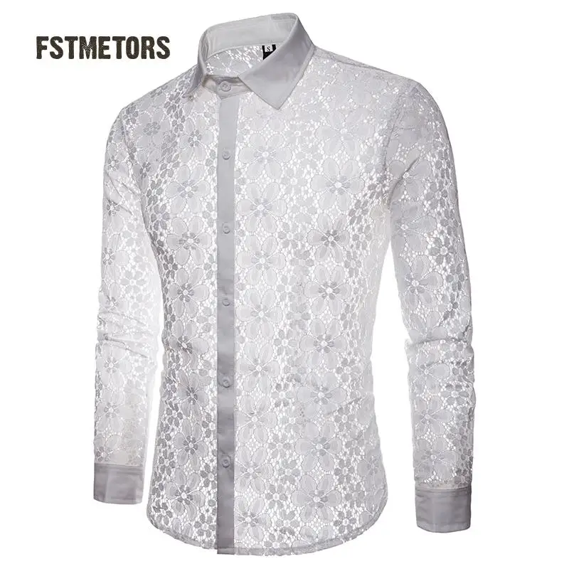 2018 Fstmetors Autumn And Winter Full Lace Pure Color Fashion Design Men's Long Sleeved Lapel Shirt  Men Shirts