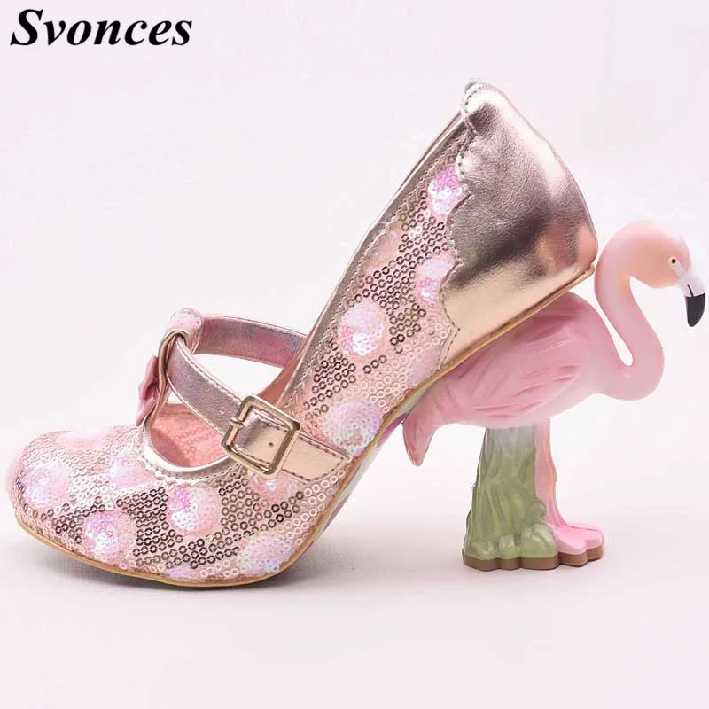 

Vintage Fashion Women's Shoes Strange Style Flamingo Bird High Heels Women Pumps Mary Janes Pink Sequin Laces Party Dress Shoes