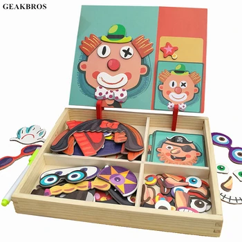 

3D Wooden Magnetic Puzzle Toys Sticker Montessori Baby Dress Up Educational Figure Animals Vehicle Drawing Board Learning Toys