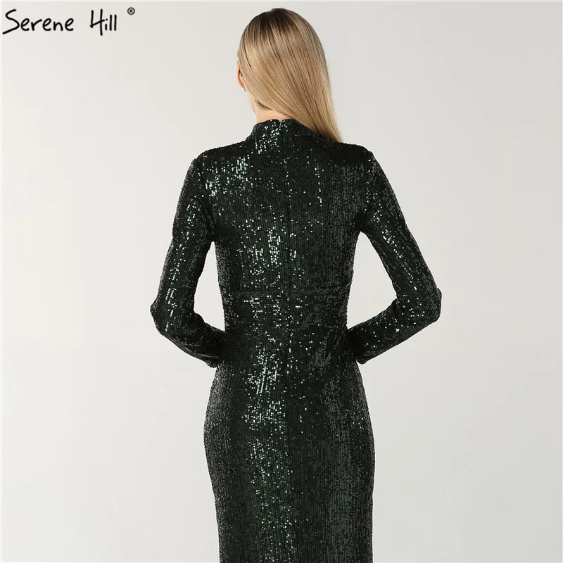Новые дизайнерские зеленые листья с высоким вырезом пикантные вечерние платья 2019 расшитый блестками с длинными рукавом, модные роскошные
