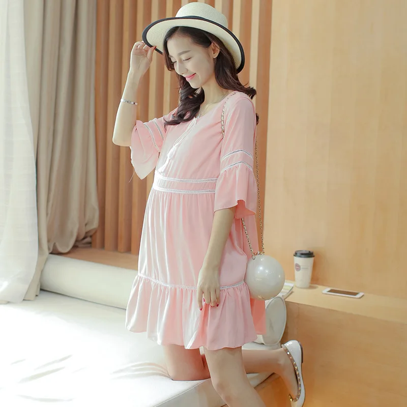

Summer New Design Loose Maternity Dresses Fashion Sweet Half Sleeve Pregnant Women Chiffon Fairy Dress Gravida Pleated Dress