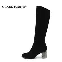 Фотография CLASSICONE 2017new woman winter boots Crystal high heels Genuine leather wool fur inside warm sexy luxury black pump women shoes
