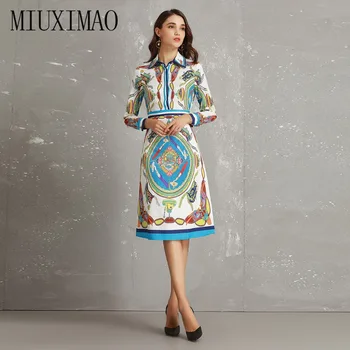 

2018 Autumn New Arrival Suit Sets 2 Piece Turn-down Collar Full Sleeve Top + Above Knee Skirt Pattern Print Suit Women