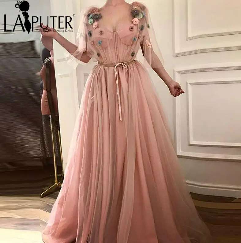 LAIPUTER Vestido Longo De Festa A-Line Красочные цветы v-образный вырез с рукавами с поясом для женщин - Цвет: Розовый