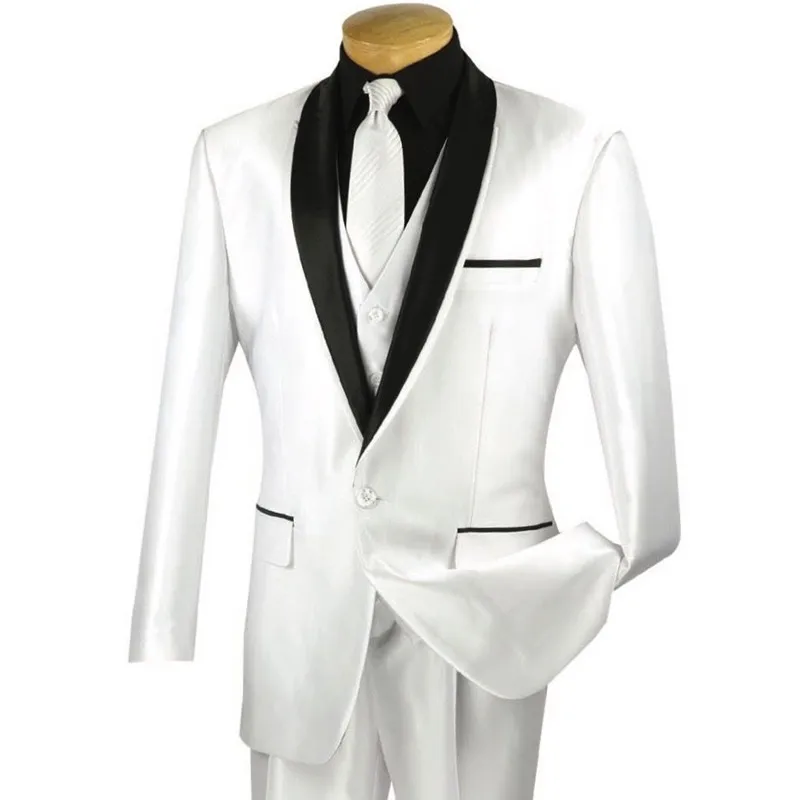 329 Custom Made Men's White 3pc Sharkskin Tuxedo Suit w Sateen Lapel & Trim NEW Prom Wedding Groom Wear (Jacket+Vest+Pants)