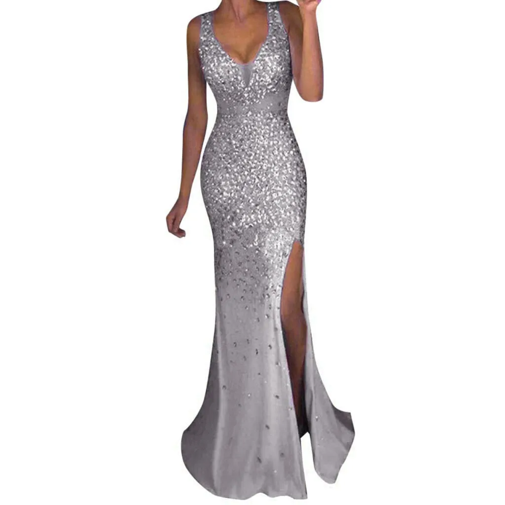 

2019 Summer Sexy Women Sequin Prom Sheath Party Gold Bridesmaid V Neck Long Dress vestidos vestido robe femme sukienki