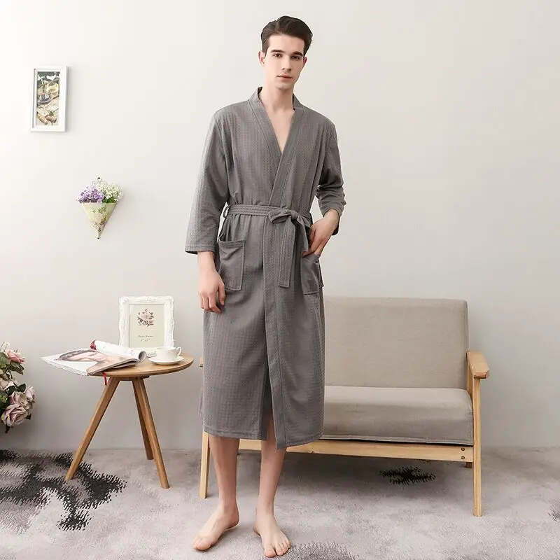 

New Men Night Robe Kimono Bathrobe For Male Casual Home Wear Waffle Robes Summer Thin Dressing Gown Sleepwear Home Robes