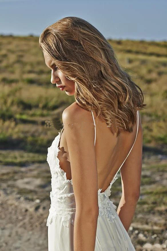 Simple Spaghetti Straps Chiffon Wedding Dresses Appliques Beach Bridal Gowns 3