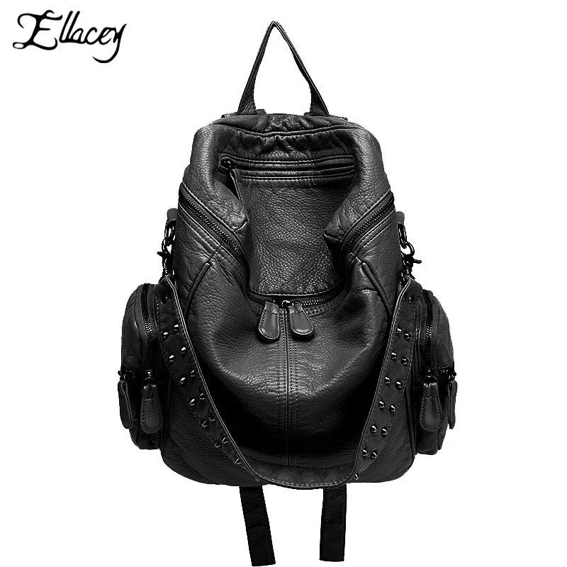 Punk New 2019 Soft Leather Rivets Backpack Women Multifunction Black Large Capacity Backpack ...