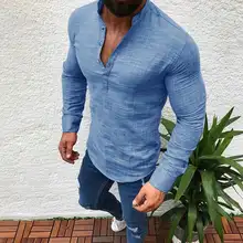 2018 новые осенние Для мужчин Повседневное Slim FIt полиэстер одноцветное рубашка с длинными рукавами пуловер Топы Стенд воротник L-3XL