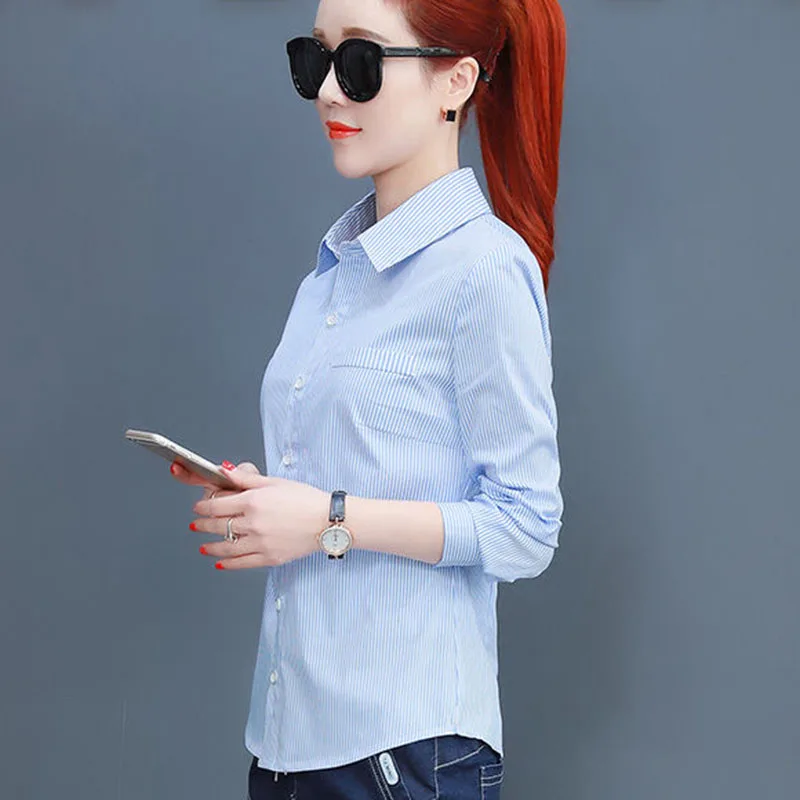 Новая женская блузка повседневная синяя белая рубашка осень зима крутая блуза с длинным рукавом и отложным воротником женские топы blusas df2253