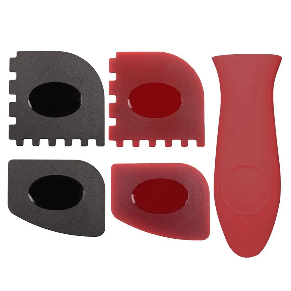 

Super Durable 5Pack Grill Pan Scrapers with Silicone Hot Handle Holder Cookware Silicone Hot Handle Holder