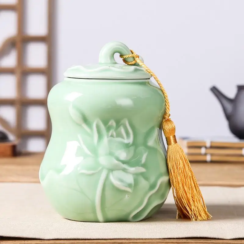Китайский Лотос форма тыквы керамическая чайная коробка Кухня домашняя чайная посуда Ретро хранение чая контейнеры домашняя фарфоровая банка порошок кофе - Цвет: light green