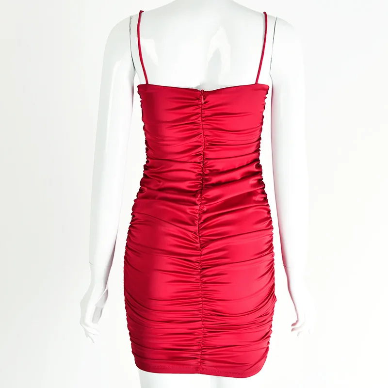 Лето, элегантное сексуальное шелковое атласное платье с бретельками-спагетти, короткое красное клубное мини-платье, женские вечерние платья бодикон с рюшами