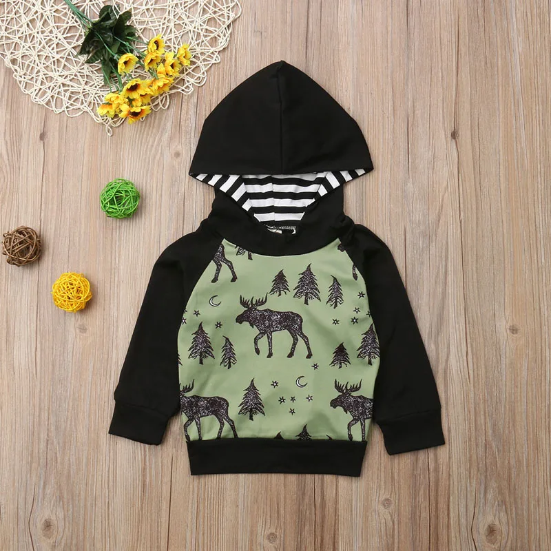 Pudcoco/Новинка; зеленые худи с оленями для малышей; толстовка с капюшоном для маленьких мальчиков; осенне-зимняя детская повседневная свободная одежда; топы