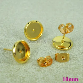 

Golden tone Plated Blank Stud Earring Base settings 10mm inner Round Bezel Earrings post w/ Butterfly stopper Backings Findings
