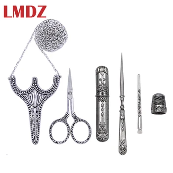 

LMDZ 5pcs/ Set Vintage Silver Antique Crafts Embroidery Sewing Scissors Gift Thimble Needle Case Awl Tailor's Scissors