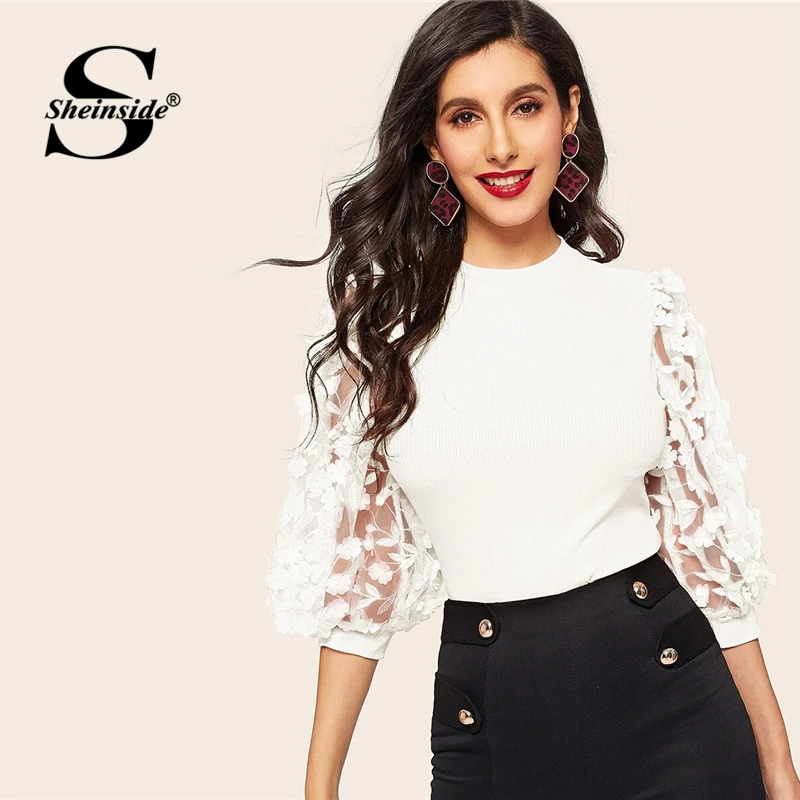 Sheinside أنيقة الأبيض زين التفاصيل ضلع متماسكة المحملة النساء 2019 الربيع فانوس كم تي شيرت مكتب السيدات الصلبة تقليم أعلى