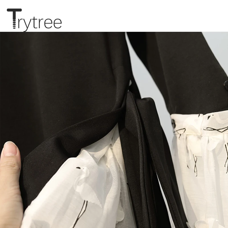 Trytree осеннее платье с лебедем женское повседневное черно-белое платье трапециевидной формы рубашка с рукавом-бабочкой длиной до колена платье с аппликацией платье с лебедем