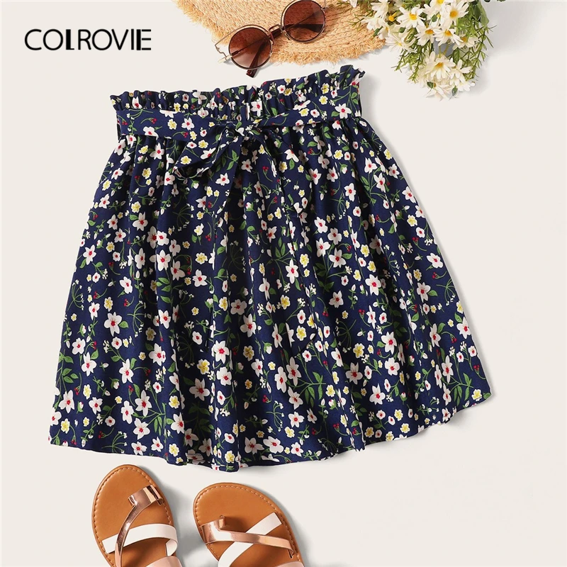 

COLROVIE Navy Ditsy Floral Print Paperbag Waist Belted Girly Boho Mini Skirt Women 2019 Summer Beach Holiday Vacation Skirts