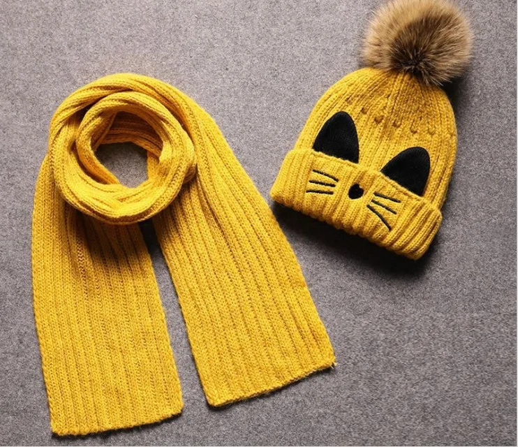 SexeMara/милый кот уха берет шарф набор для детей девушки зимние Пом шапка и шарф 2 шт. трикотажные Beany и шарф комплект