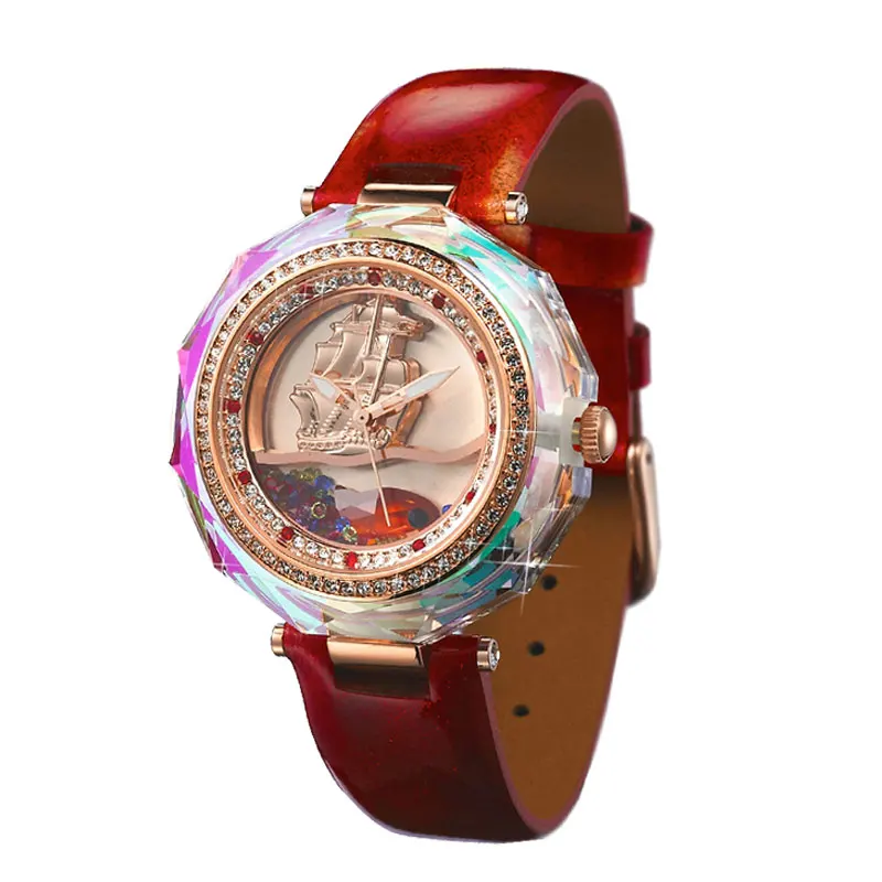 Бренд Princess Butterfly, часы женские с кристаллами, рыбий поток, песок, парусник, циферблат, водонепроницаемые, кожаный ремешок, кварцевые часы наручные - Цвет: Red Leather Strap