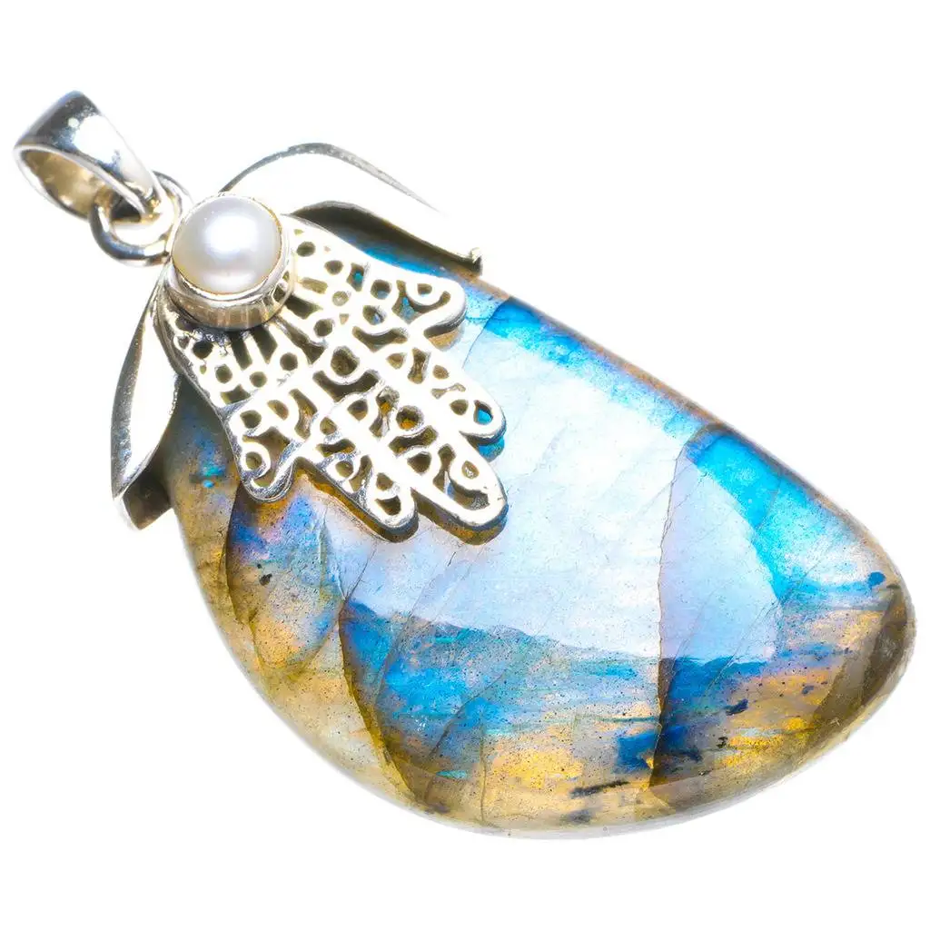 

Natural Blue Fire Labradorite and River Pearl Handmade Unique 925 Sterling Silver Pendant 2" Y5143
