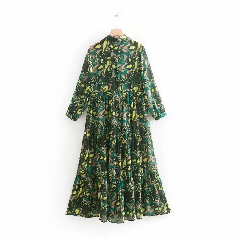 Koop 2019 vrouwen vintage turn down kraag bloemenprint casual lange jurk vrouwelijke geplooide ruches chiffon vestidos chic jurken DS1909