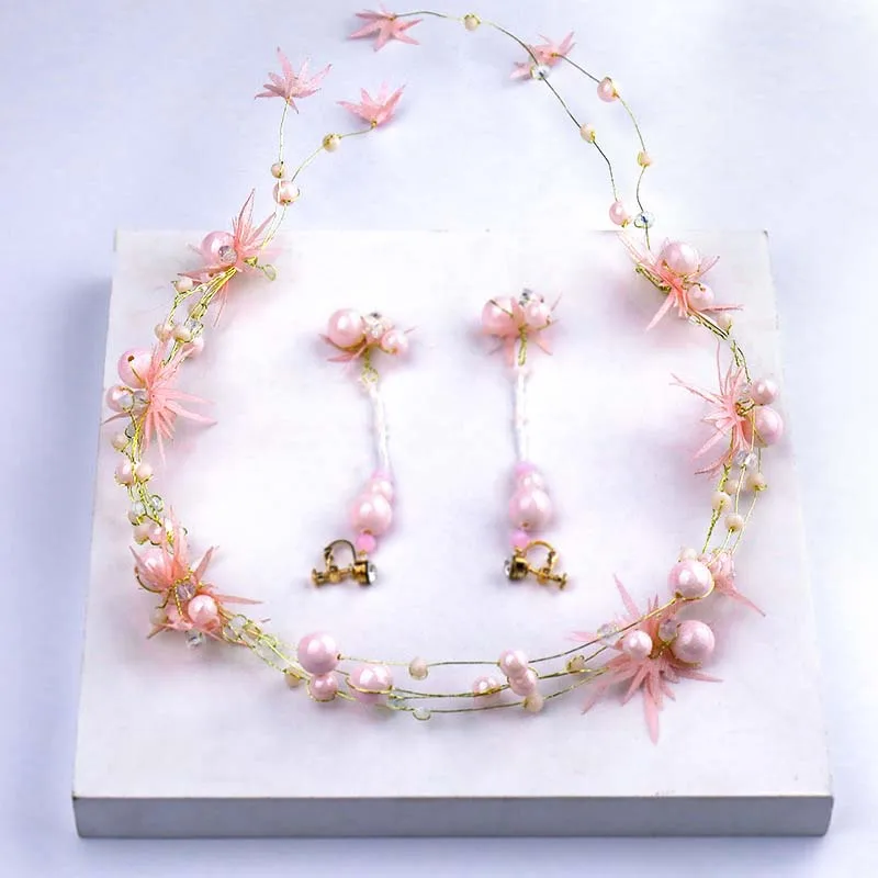 

Girls Sweet Pink Color Flower Headbands Earrings Bridal Wedding Simulation Pearl Hair Accessories Party Vacation Jewelry Set