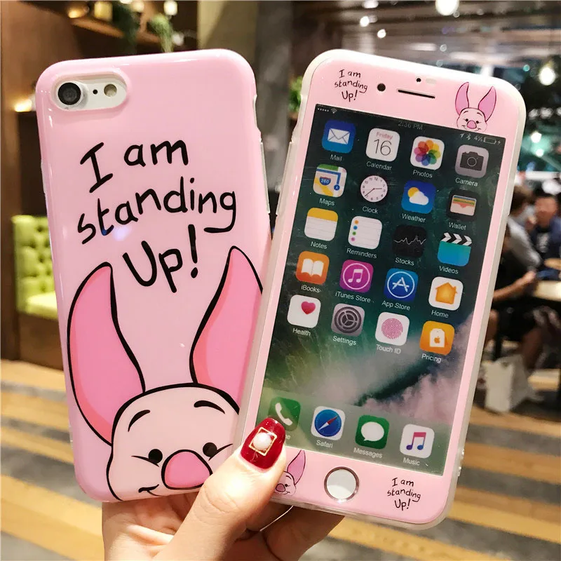 Cute Cartoon phone Cases Cover for iPhone 8plus + Tempered Glass Screen Protector for Apple iPhone XS max XR 6 6s Plus 8 7 7plus