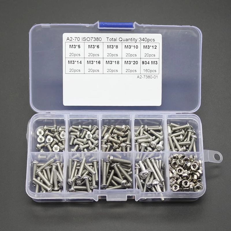 

340pcs/set M3 Button Head Hex Socket Screw Bolt Nut Stainless Steel SS304 M3 Screws Nuts Assortment Kit Fastener Hardware