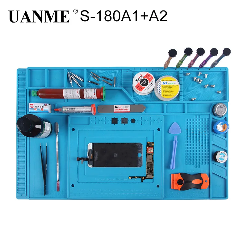 

UANME Heat Insulation Silicone Pad Desk Mat Maintenance Platform for BGA Soldering Repair Work Station+Screw Parts Position