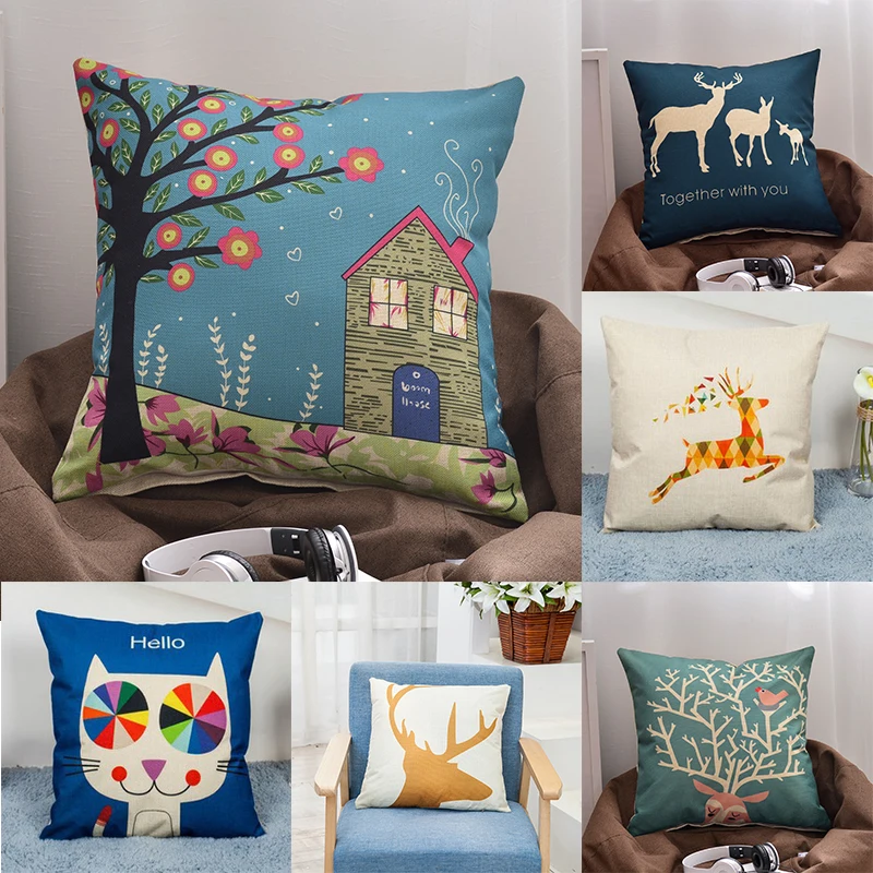 

Nordic Style Deer Geometric Cushion Covers Cute Animal Cat Pillow Cases Linen Cotton pillow Covers Bedroom 45*45cm