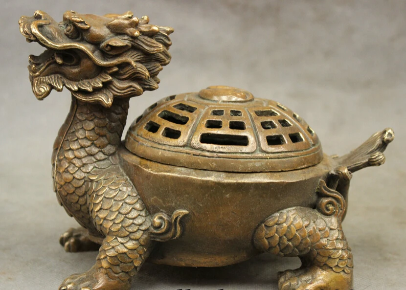

S3899 8" Chinese Bronze Copper Diagrams Dragon Turtle Statue Box Incense Burner Censer D0317