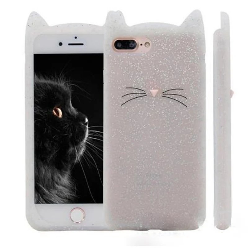 

NEW 3D cute cartoon glitter For iphone 7Plus 6Plus beard cat Ears soft silicone case For iphone 5 5s se 6 6s 7 rubber Coque back