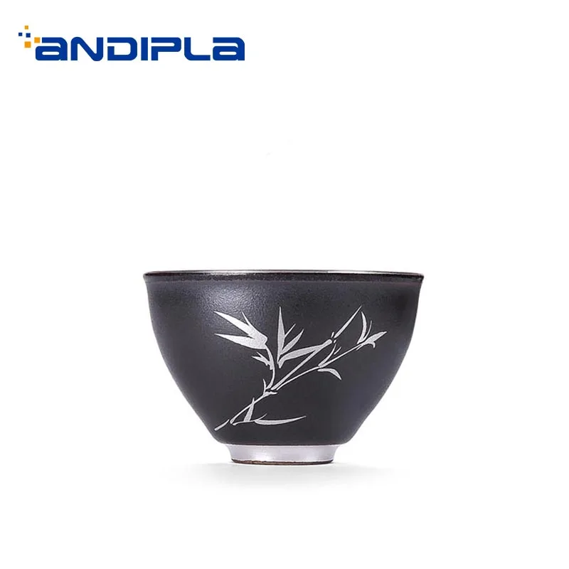 

75ml Vintage Teacup Hand Painted Pattern Ceramic Black Coarse Pottery Vintage Tea Bowls Office Tea Ceremony Drinkware Puer Cup