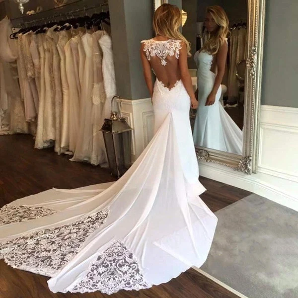 2019 New Sleeveless Mermaid Sheath Formal Wedding Dresses Backless Applique Lace Backless Bridal Gowns Custom Size