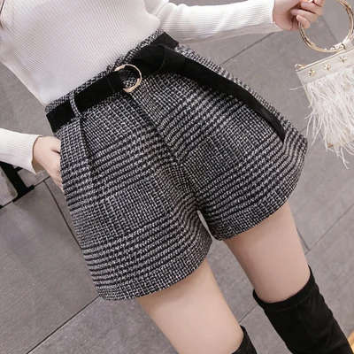 2 цвета, S-XL,, осенние и зимние шерстяные шорты с высокой талией, женские осенние клетчатые широкие шорты для женщин(q5202 - Цвет: Черный