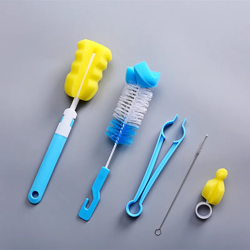 5 Pcs Set Baby Milk Bottles Brush Hand Type Nipple Straw Brush Water Cup Brush Bottle Holder Feeding Bottle Cleaning Brush Kit