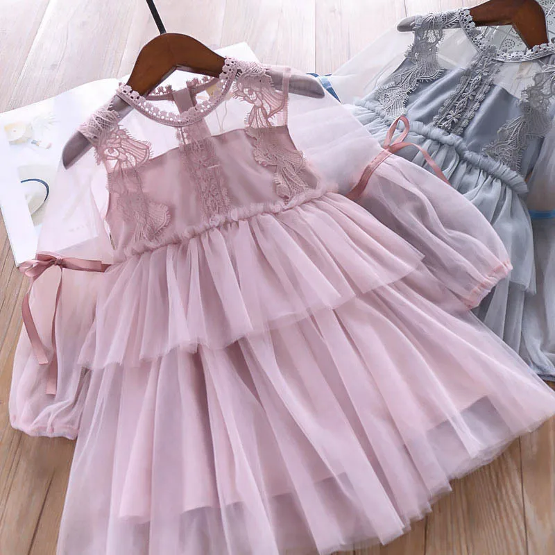 Everweekend Ins Party Girls Lace Bow Tulle Princess Birthday Dress Lovely Kids Pink Gray Summer Spring Fashion Ruffles | Детская одежда